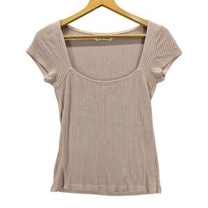 Reformation Women's Bardot Ribbed Knit Square Neck Top Sz Medium, Blush Pink
